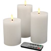 LED bloklys &Oslash;7,5cm s&aelig;t &aacute; 3 stk. med pulserende flamme. hvid