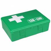 OX-ON førstehjælpskasse med indhold i grøn plastkasse