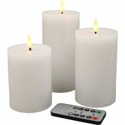 LED bloklys &Oslash;7,5cm s&aelig;t &aacute; 3 stk. med pulserende flamme. hvid