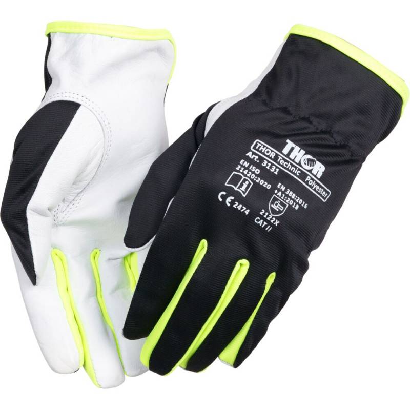 Gedeskindshandske, THOR Teknik Polyester, 10, sort, gedeskind/polyester, Hi-vis mellem fingrende