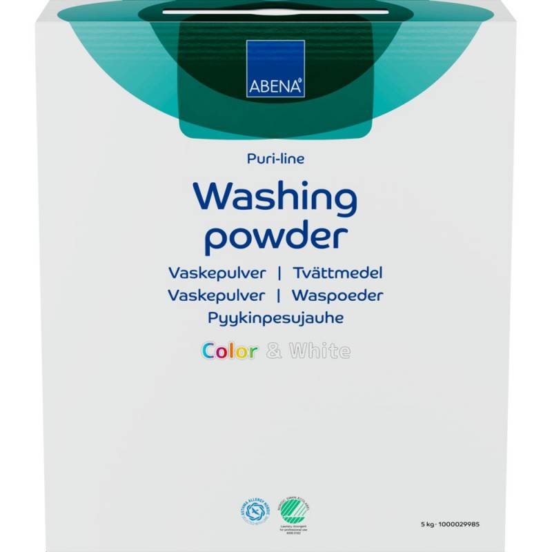 Vaskepulver, ABENA Puri-Line, kul&oslash;rt og hvidt, uden farve og parfume, 5 kg