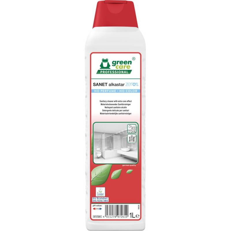 Sanitetsreng&oslash;ring, Green Care Professional SANET Alkastar zero\%, 1 l, alkalisk/affedtende, uden farve og parfume