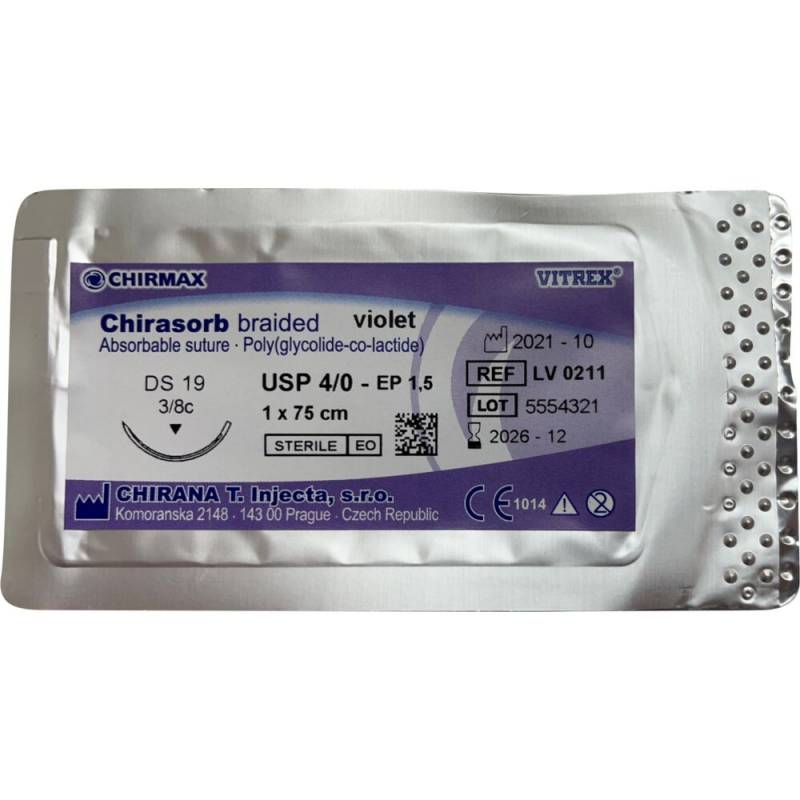 Chirasorb Sutur 75cm Polyglactin 910 USP 4/0 DS 19mm resorberbar violet steril engangs