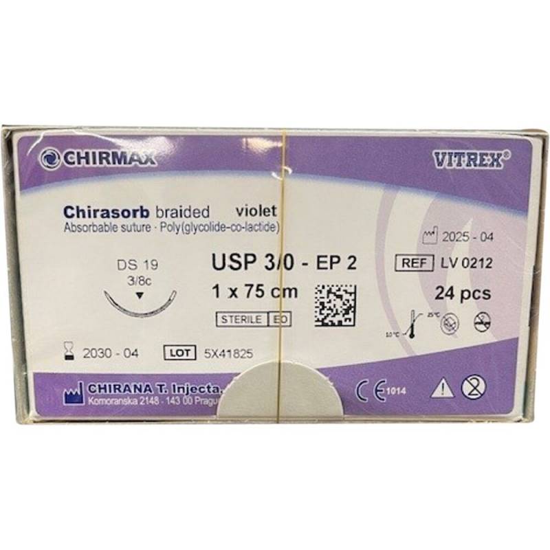 Chirasorb Sutur 75cm Polyglactin 910 USP 3/0 DS 19mm resorberbar violet steril engangs