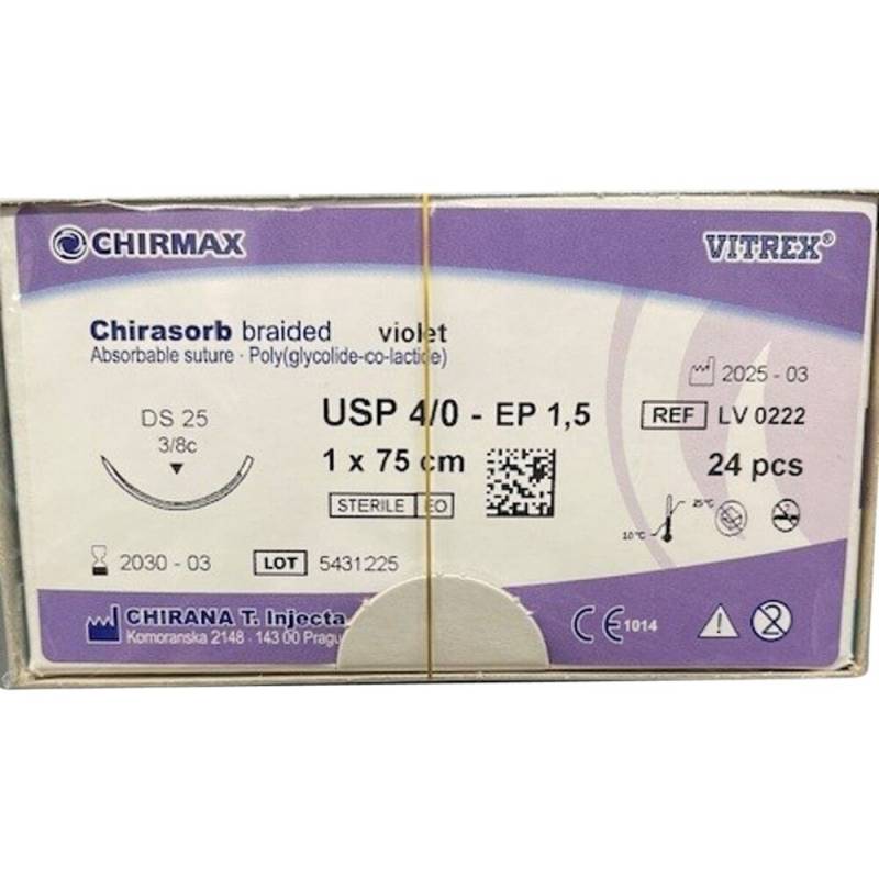 Chirasorb Sutur 75cm Polyglactin 910 USP 4/0 DS 25mm resorberbar violet steril engangs