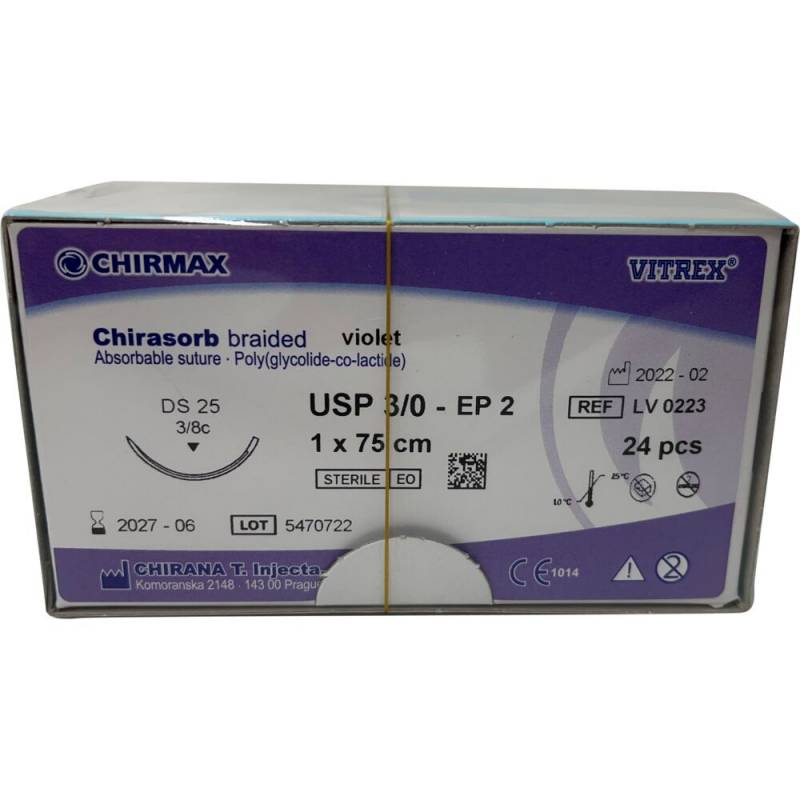 Chirasorb Sutur 75cm Polyglactin 910 USP 3/0 DS 25mm resorberbar violet steril engangs