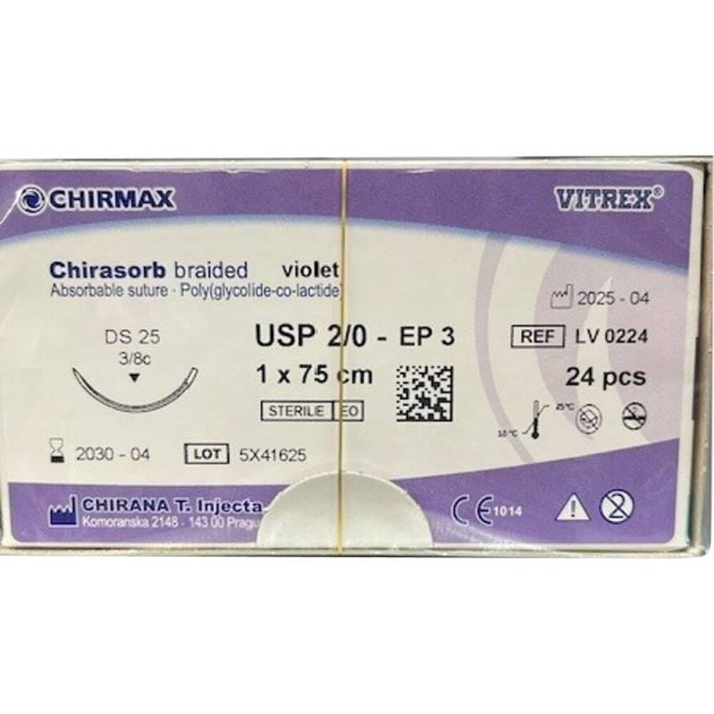Chirasorb Sutur 75cm Polyglactin 910 USP 2/0 DS 25mm resorberbar violet steril engangs