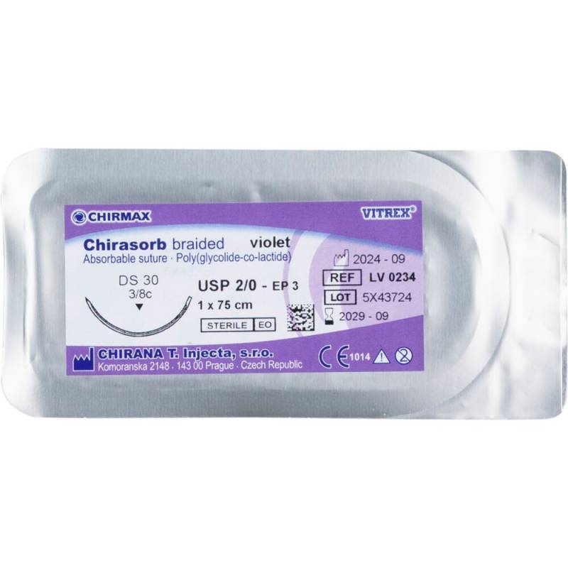 Chirasorb Sutur 75cm Polyglactin 910 USP 2/0 DS 30mm resorberbar violet sterilengangs
