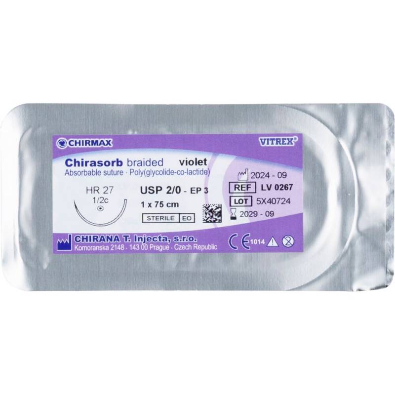 Chirasorb Sutur 75cm Polyglactin 910 USP 2/0 HR 27mm resorberbar violet steril engangs