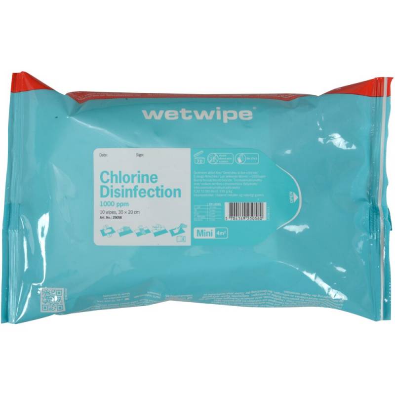 Wet Wipe Overfladedesinfektion Mini 30x20cm med 2000 ppm aktiv klor vand 10 stk.