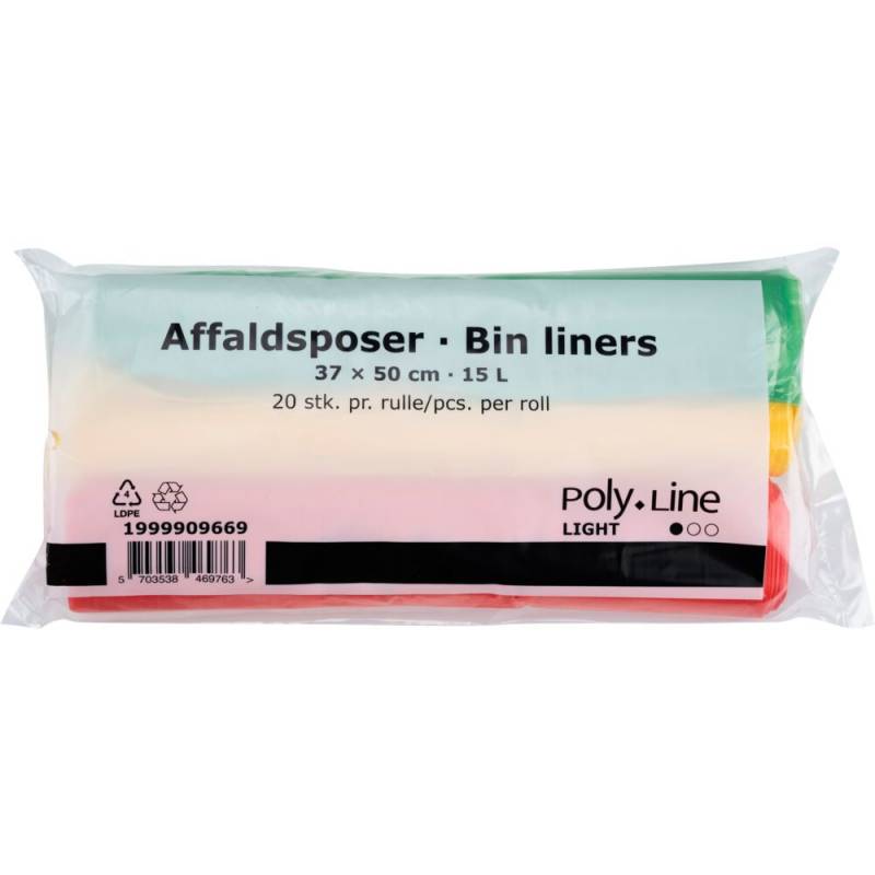 Affaldspose 15L LDPE/virgin 37x50cm 3 rl. m 20 poser grøn/gul/rød