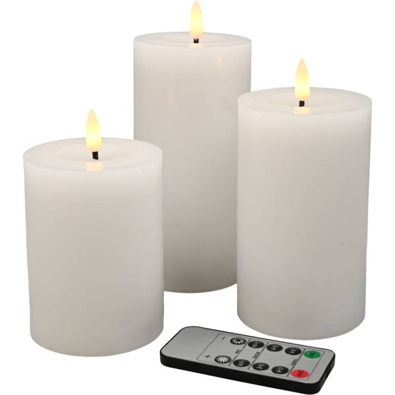 LED bloklys &Oslash;7,5cm s&aelig;t &aacute; 3 stk. med pulserende flamme. hvid