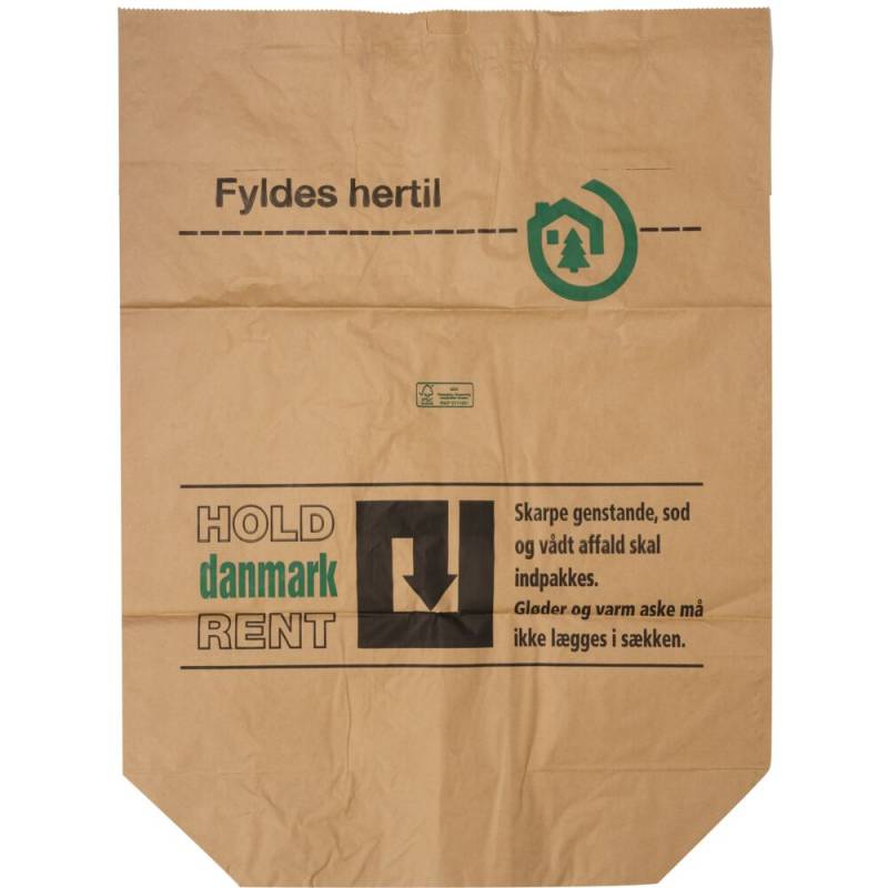 Papirsæk 2-lags 110 liter papir 70x95+25 cm vådstærk påtrykt "Hold Danmark Rent"