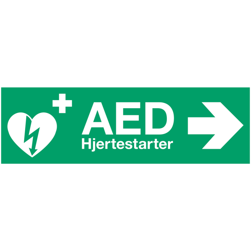 Grønt skilt i plast med tekst: AED hjertestarter