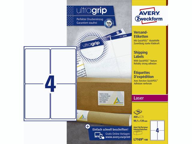 Avery L7169-100 etiketter med QuickPEEL og Ultragrip 139x99,1mm