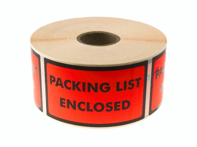 Etiketter med tekst "Packing List Enclosed" 120x70mm, 1000 stk