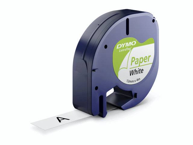 Dymo LetraTAG 12mmx4m labeltape papir sort på hvid
