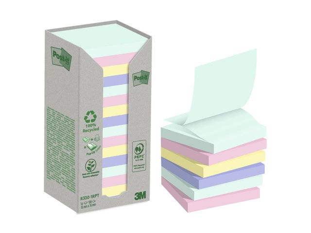 Post-it blok Recycled z-notes 76x76mm i flere farver, 16 blokke