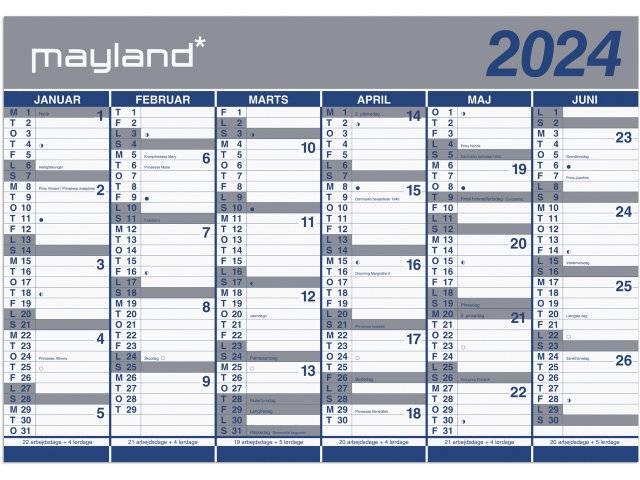 Mayland 2024 Kæmpekalender papir 2x6 måneder 100x70cm 24064000