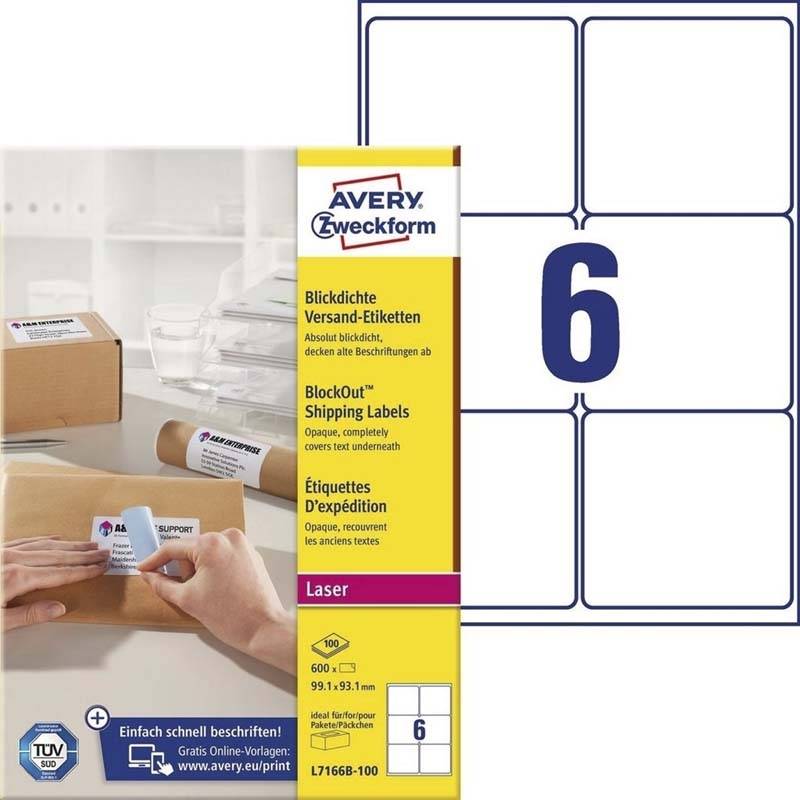 Avery L7166B-100 etiketter med BlockOut 99,1x93,1mm hvid