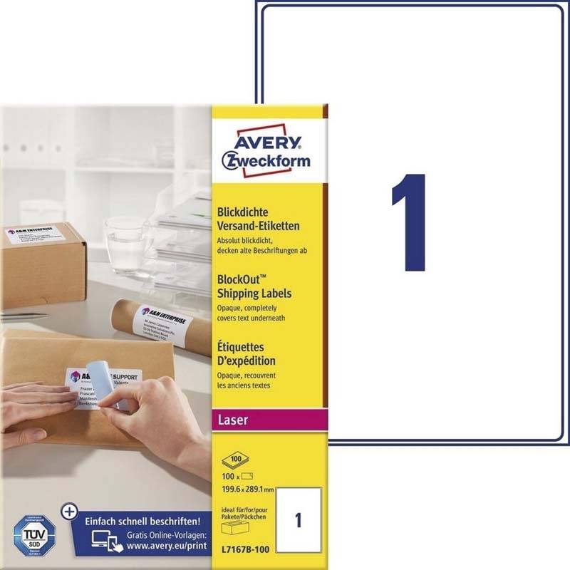 Avery L7167B-100 etiketter med BlockOut 199,6x289,1mm hvid