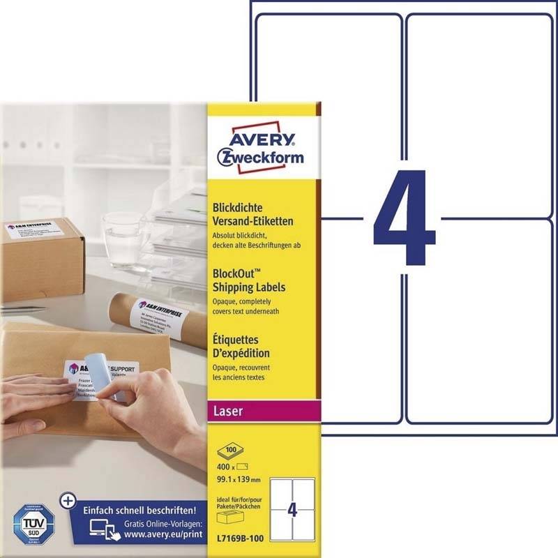 Avery L7169B-100 etiketter med BlockOut 99,1x139mm hvid