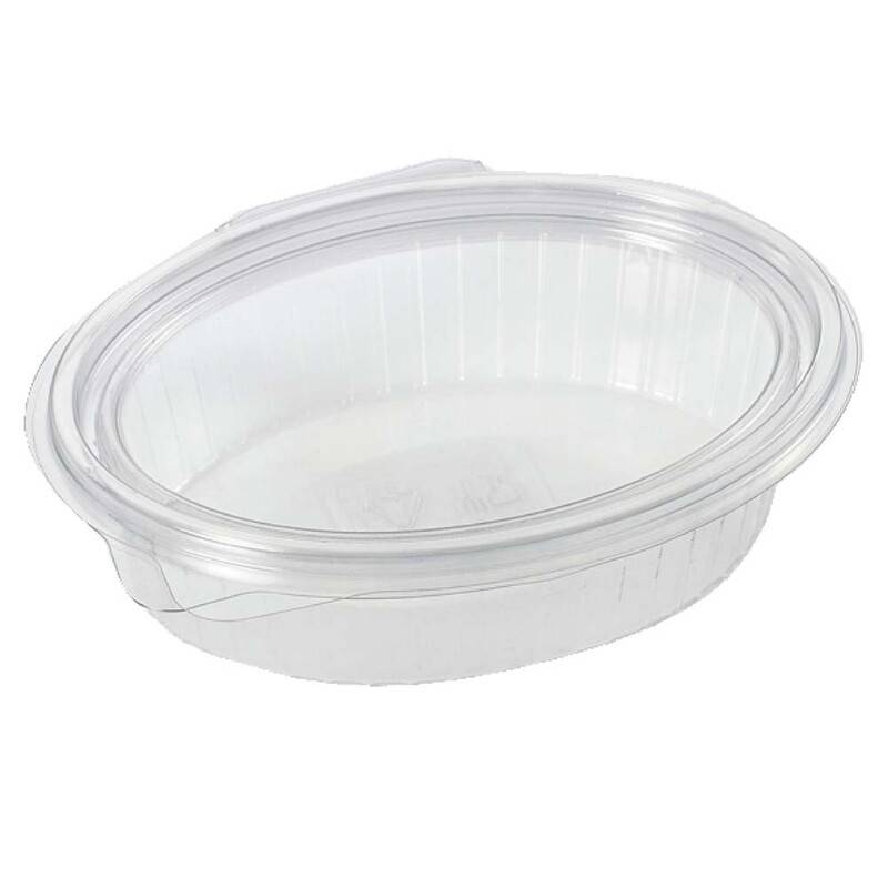 Plastbakke m/hængsl. låg 50stk oval 370ml 166x131x45mm 97010