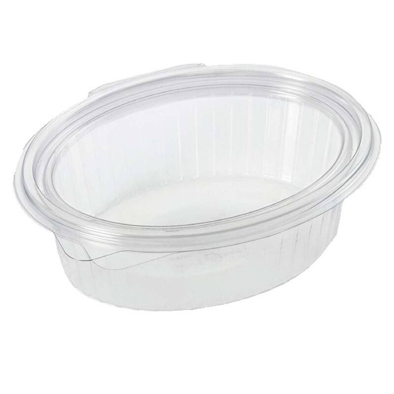 Plastbakke med hængslet låg oval 500ml 166x131x55mm klar