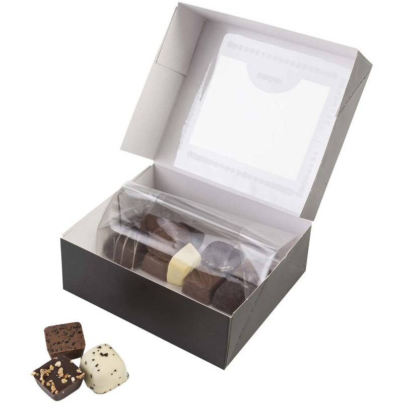 Æske til chokolade med rude 145x125x50mm sort