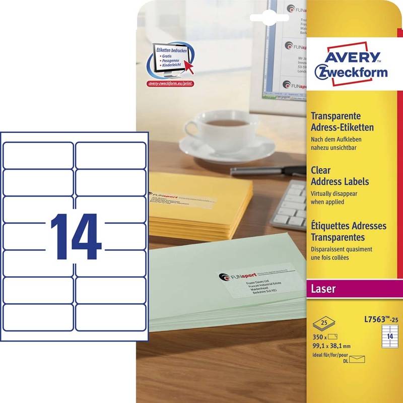 Avery L7563-25 etiketter transparent til laser 99,1x38,1mm