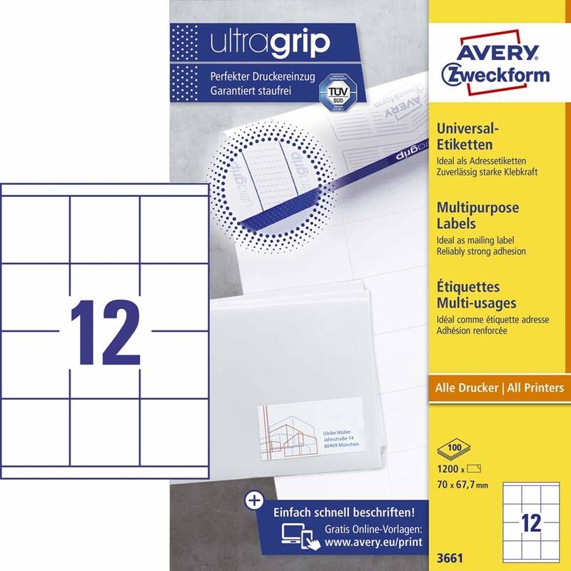 Avery 3661 universaletiketter med Ultragrip 67,7x70mm