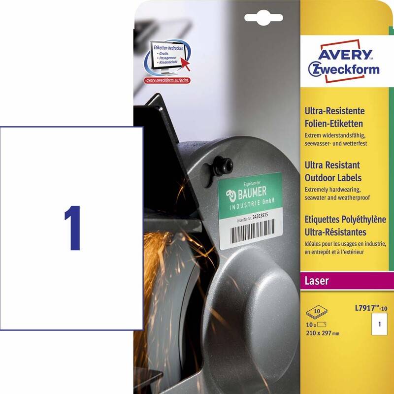Avery L7917-10 laseretiket Ekstremt slidstærke 210x297mm