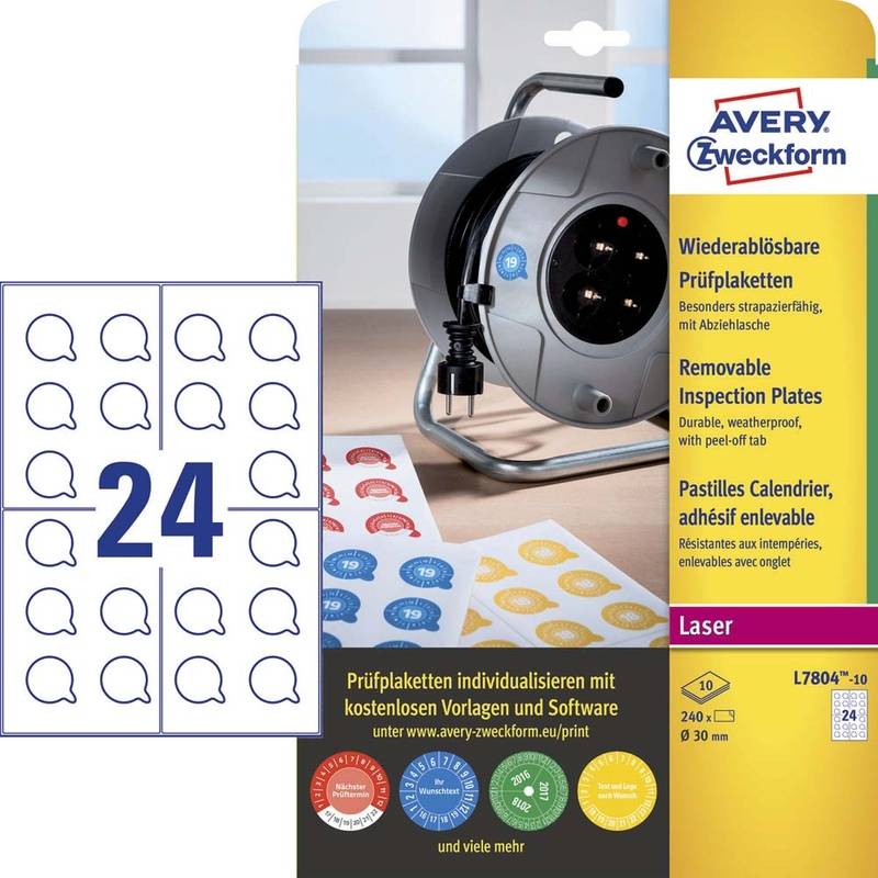 Avery L7804-10 inspektionsdatoetiketter aftagelig Ø30mm hvid