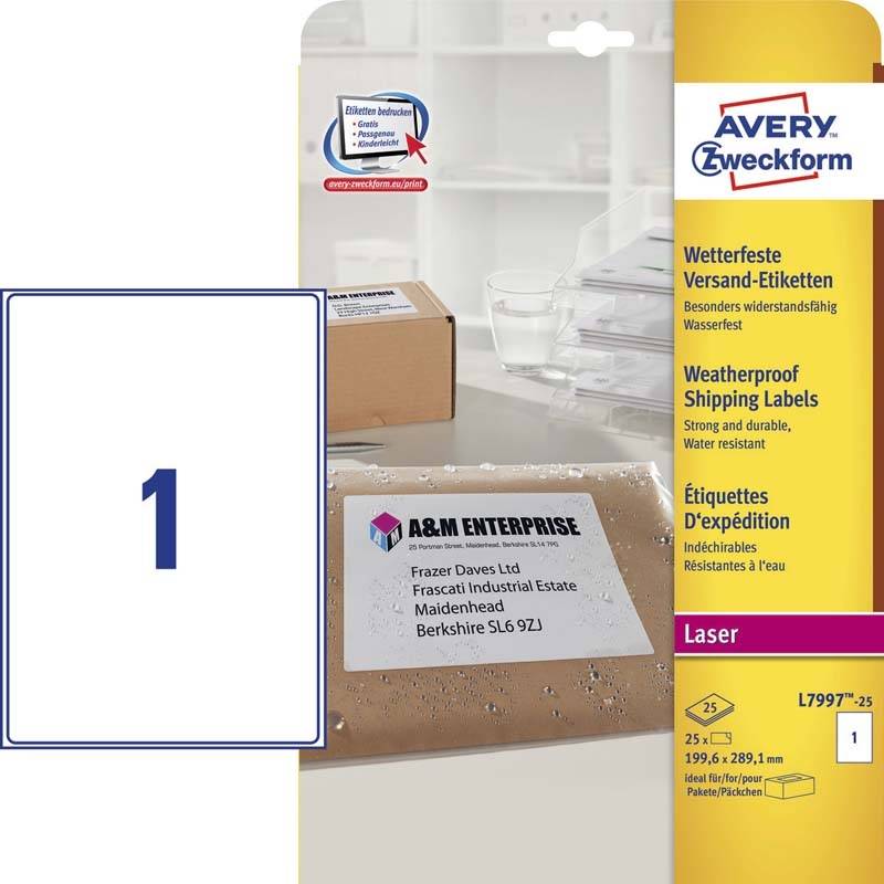Avery L7997-25 vejrbestandige etiketter CO2 neutral 199,6x289,1mm