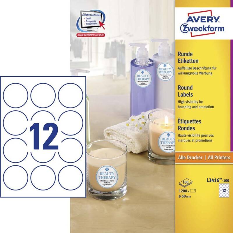 Avery promotion etiketter runde L3416-100, Ø60mm hvid