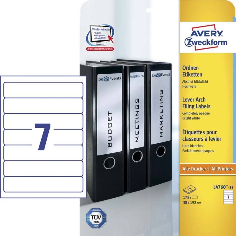 Avery selvklæbende rygetiket 192x38mm L4760-25 hvid