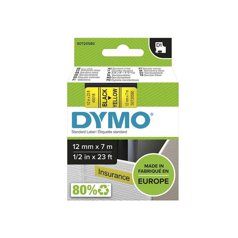 Dymo labeltape D1 12mm 45018 S0720580 sort på gul