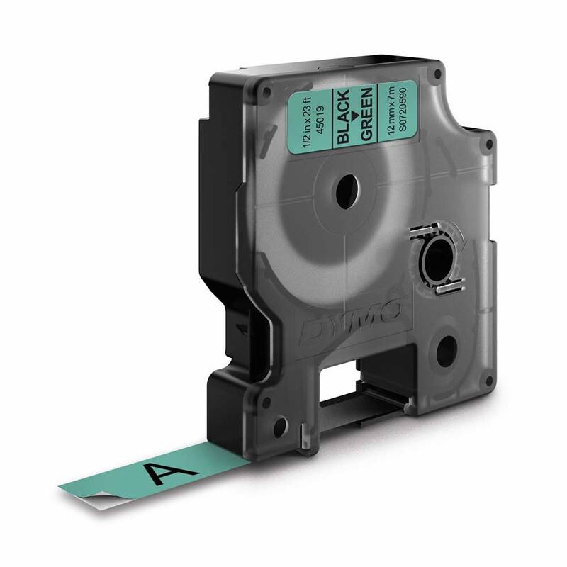 Dymo labeltape D1 12mm 45019 S0720590 sort på grøn