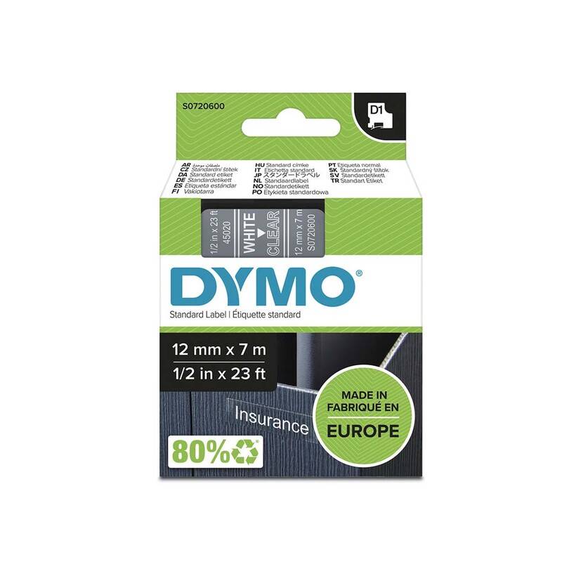 Dymo labeltape D1 12mm 45020 S0720600 hvid på klar