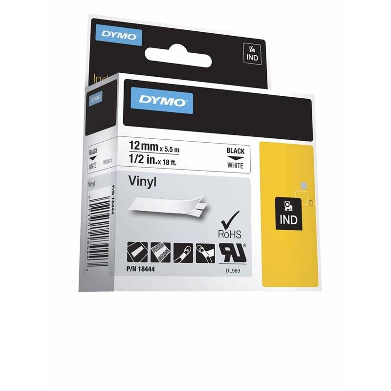 Dymo Rhino vinyltape 12mm x 5,5m 18444 sort på hvid