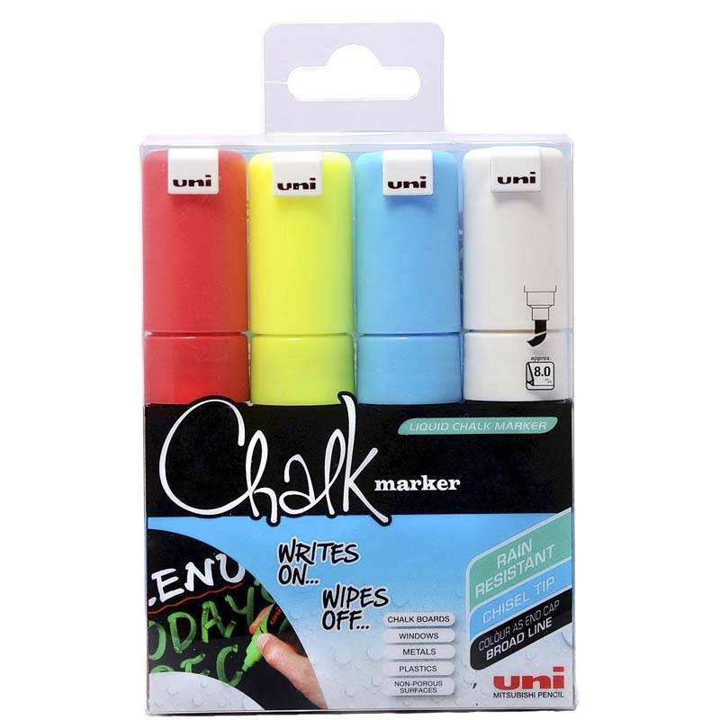 Uni-ball kridt marker PWE-8K til glas- og kridttavler 8mm, sæt a 4 stk