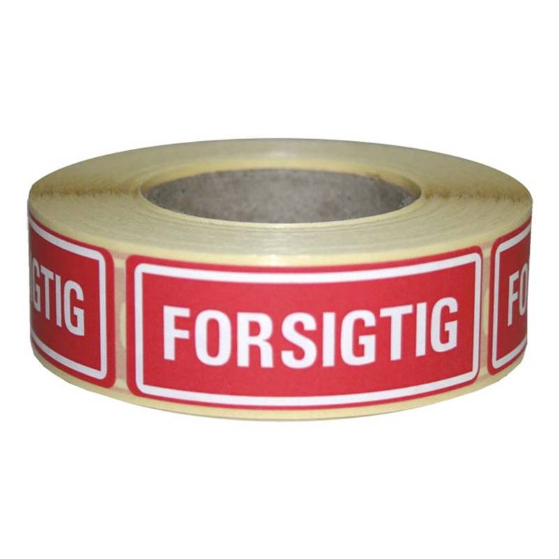 Etiket med tekst "Forsigtig" 24x66mm, 500 stk