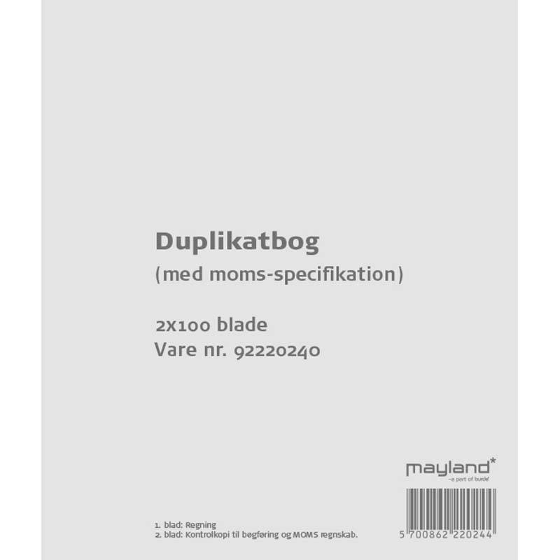 Mayland Duplikatbog med moms 2x100 blade 126x148mm