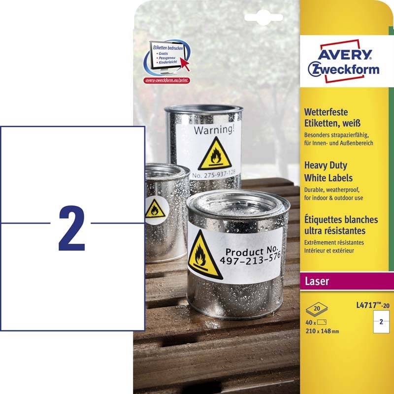Avery stærke etiketter 210x148mm CO2 neutrale L4717-20 hvid