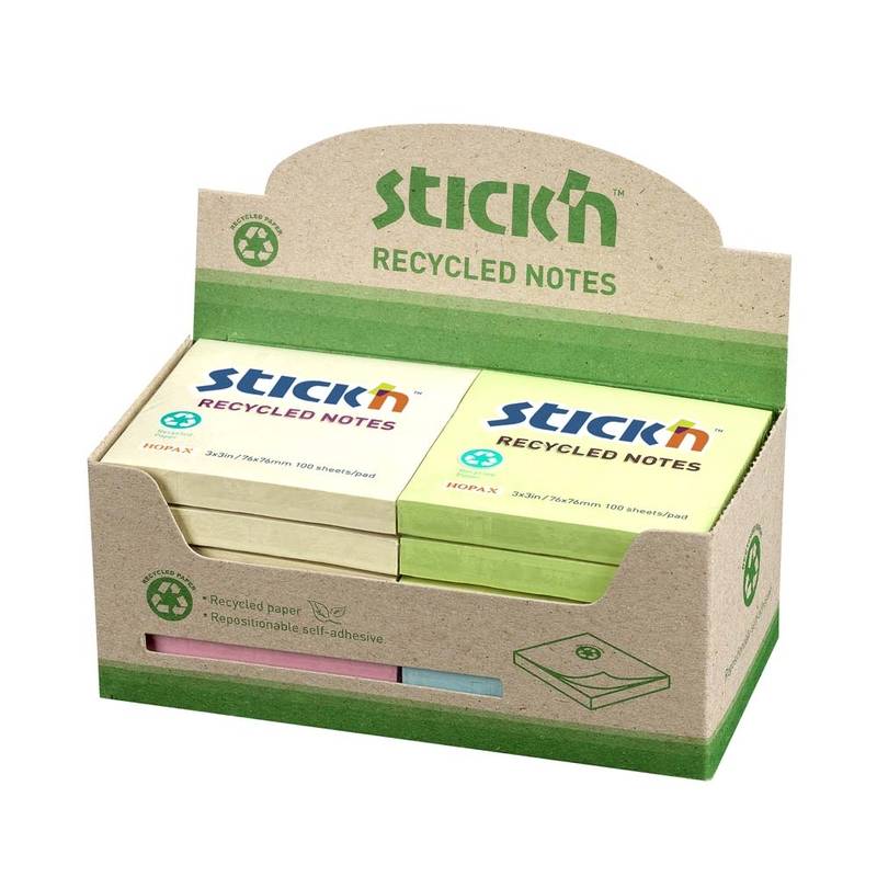 Stick'N notes genbrugsblokke 76x76mm, 4 ass farver