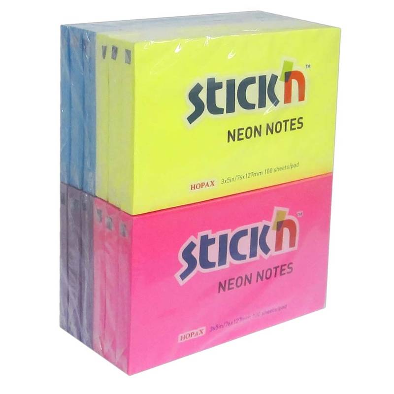 Stick'N notes selvklæbende 76x127mm, ass neon farver