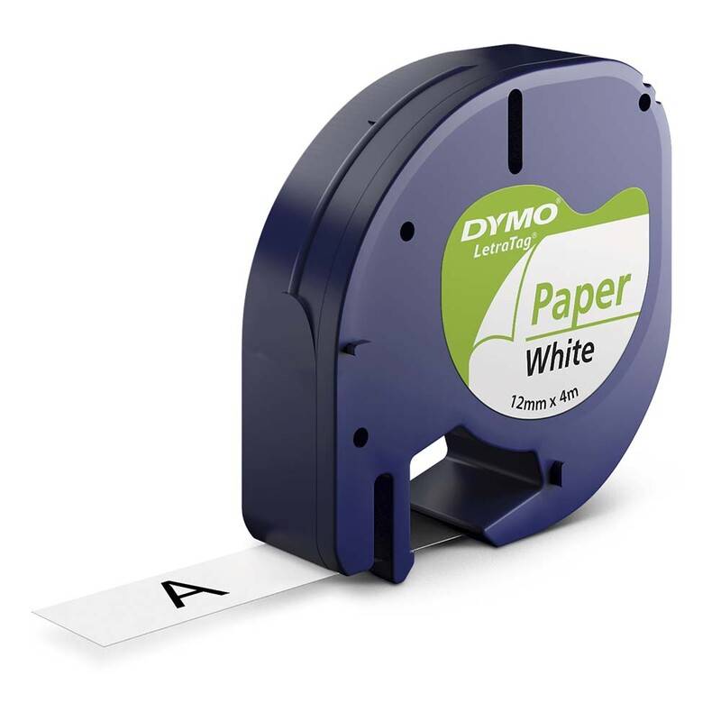 Dymo LetraTAG 12mmx4m labeltape papir sort på hvid