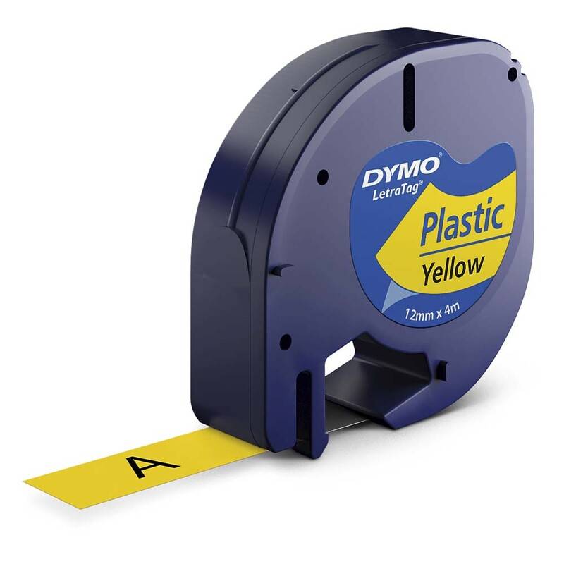 Dymo LetraTAG 12mmx4m labeltape plast sort på gul