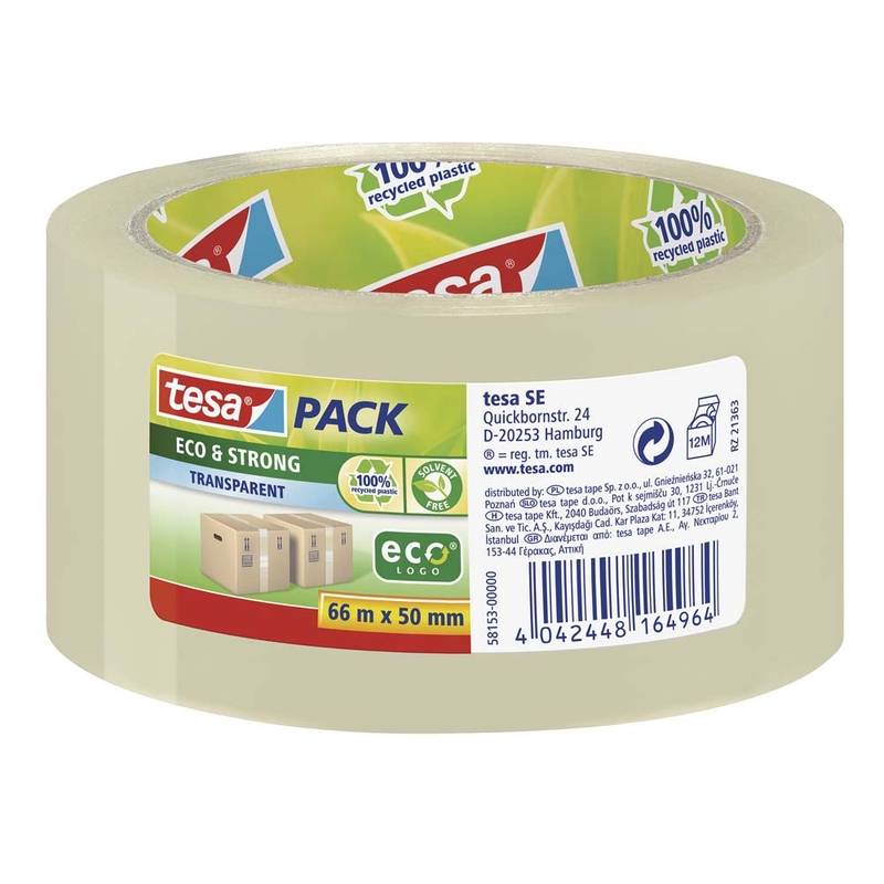 Tesa pakketape Ecologo 50mmx66m støjsvag 58153 klar