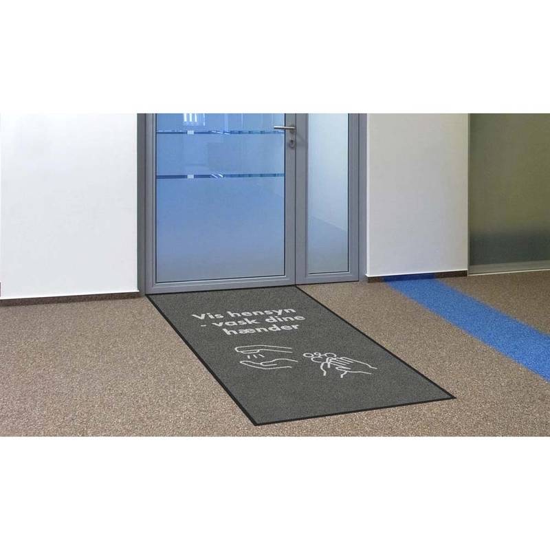 Gulvmåtte med teksten "Vis hensyn - vask dine hænder" 115x200cm grå